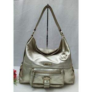 Michael Kors Fulton Metalic Gold Pebbled Leather Buckle Pocket Hobo Shoulder Bag
